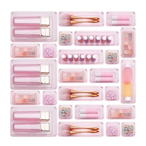 Kitchen Desk Drawer Organizers Storage for Office, Small Acrylic Vanity Trays Makeup Organizer for Drawer Bathroom Plastic Make up Organizers 25 Pcs Pink thumbnail 7