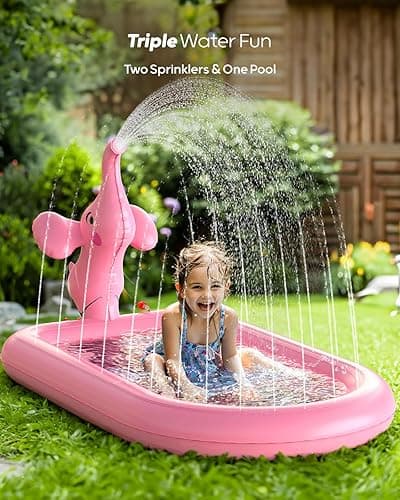 QPAU Splash Pads for Toddlers 1-3, Pink Elephant Toy Splash Pad for Kids, Outdoor Play Mat for Babies, Inflatable Sprinkler Pool for Birthday Girl Gifts 1 Year Old Girl - Pink Elephant thumbnail 5