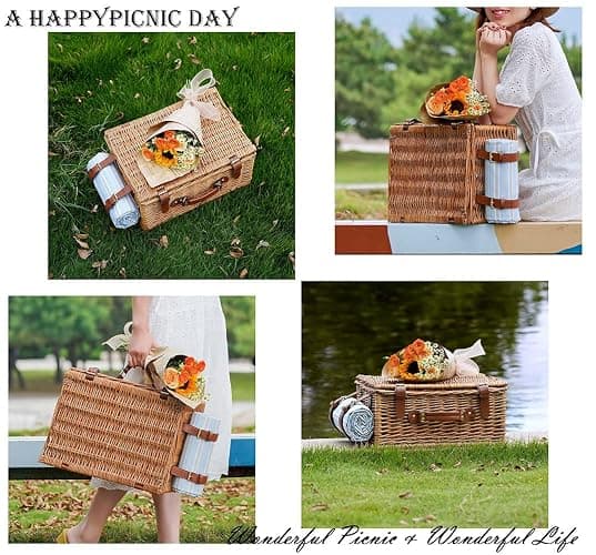 HappyPicnic Ensemble de Panier de Pique-Nique en Osier pour 4 Personnes | Grand Panier en Saule avec Grand Compartiment Isotherme isolé, Tapis de Pique-Nique imperméable Gratuit et kit de Service thumbnail 6