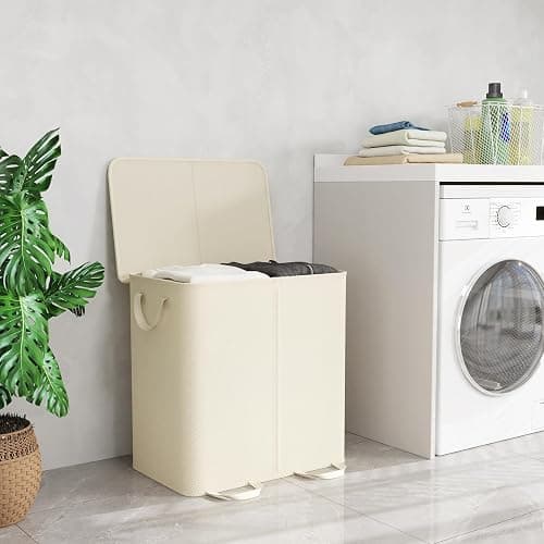 Lifewit Double Laundry Hamper with Lid and Removable Laundry Bags, Large Collapsible 2 Dividers Dirty Clothes Basket with Handles for Bedroom Laundry Room Closet Bathroom College, 136L Ivory White thumbnail 2