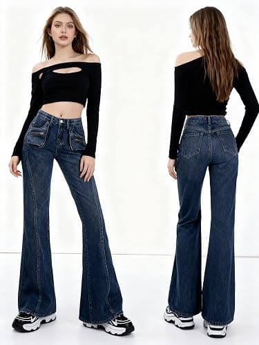EMMIOL Mid-Low Rise Flare Jeans for Women, Y2K Baggy Boot Cut Flared Bootcut Wide Leg Womens Denim Pants Stretch thumbnail 4