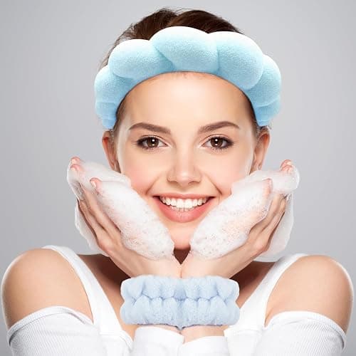Zkptops Spa Headband for Washing Face Wristband Set Sponge Makeup Skincare Headband Terry Cloth Bubble Soft Get Ready Hairband for Women Girl Puffy Padded Headwear Non Slip Thick Hair Accessory(Blue) thumbnail 2