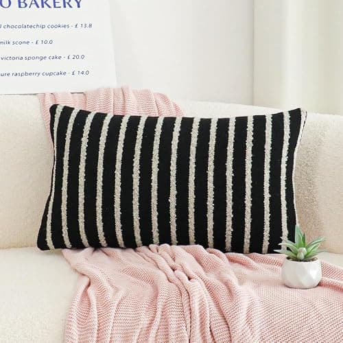 Jonhier Black Striped Lumbar Boho Throw Pillow Cover, Modern Boucle Textured Rectangle Pillowcase for Sofa Couch Bed, Neutral Farmhouse Accent Decorative Cushion Cover for Living Room, 12 x 20 inch thumbnail 3