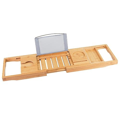 Utoplike Bathtub Caddy Tray, Bamboo Tub Tray with Sliding Towel Holder, Bath Table with Book Holder, Phone Stand and Adjustable Book Reading Rack, Tablet Slots thumbnail 9