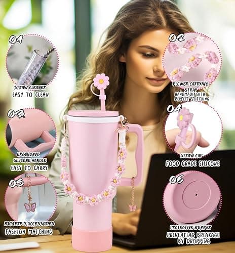 Sanilinwild 40 oz Tumbler with Handle Straw and Accessories, Drop & Abrasion Resistant, Vacuum Double-Layer Insulation, Ideal for Camping, Fitness, Outdoor Use - Pink thumbnail 3