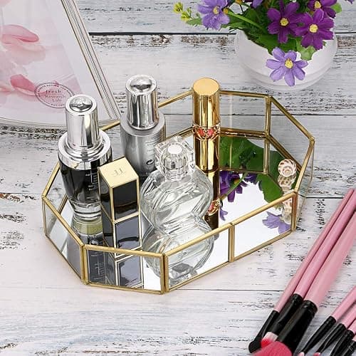 Hipiwe Mirror Glass Vanity Tray - Gold Ornate Makeup Vintage Octagonal Perfume Dresser Jewelry Trinket Organizer for Bathroom Storage Home Decor - 8" x 5.7" x 1.8" thumbnail 7
