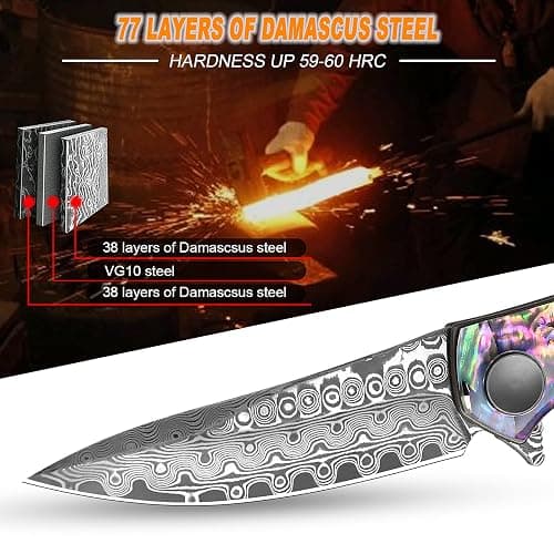 AUBEY Damascus Pocket Knife for Women Men, Sharp 3.23" Damascus Steel Blade Knife with Clip, EDC Hunting Knives with Abalone Shell Handle, Gift for Camping Outdoor thumbnail 4