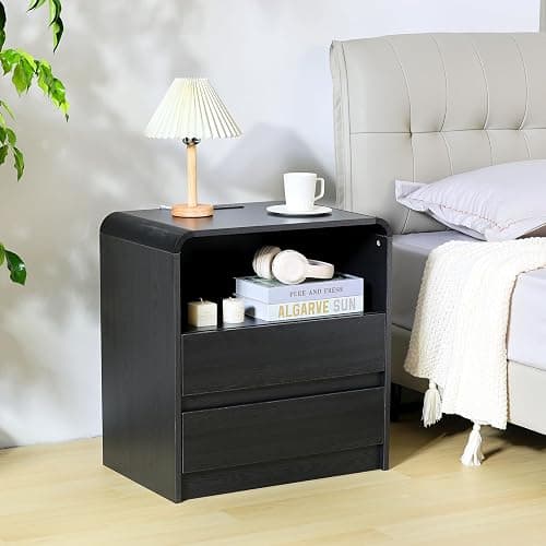 HtThalamic Modern Nightstands with Charging Station, Black Night Stand with 2 Drawers, Wood End Table with Storage, 23.6'' Wide Bedside Cabinet for Bedroom - Image 1