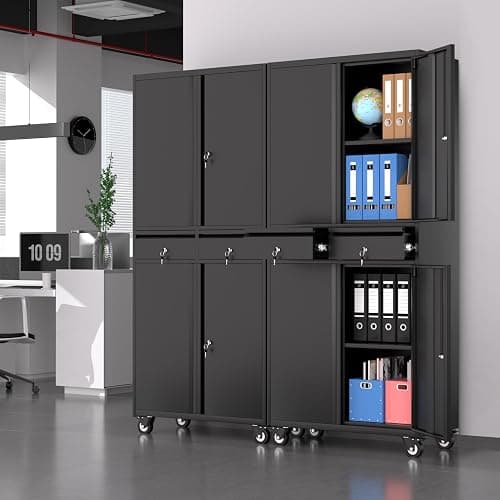 GarveeHome 73'' Metal Storage Cabinet, Heavy Duty Garage Storage with Wheels, Locking Doors and 2 Drawers, Adjustable Shelves, Black thumbnail 2