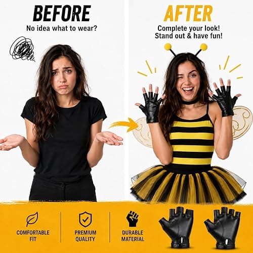 Black Fingerless Gloves Costume for Women, PU Leather Accessories Cosplay | Car Driver Race Spy Biker Faux Halloween Hand Men Mens Cheap Finger Fingers Glove Less Racer Short Without Brown Possible thumbnail 2