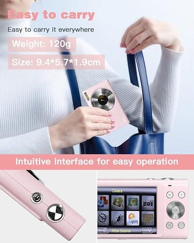 Sevenat Digital Camera 48MP 2.7K Compact Pink with 16X Zoom, Image Stabilization, Autofocus, 3" Screen, FHD 1080p Video, for Teens/Students thumbnail 5