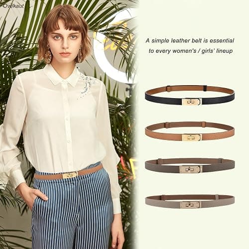 Ovekaut Women Skinny Leather Belt Solid Color Alloy Turn Lock Adjustable Waistband for Dresses Jeans Coats thumbnail 2