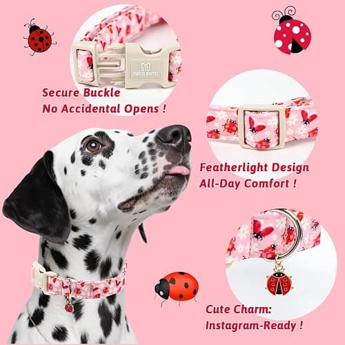 Maca Bates Pink Basic Dog Collar with Ladybug Charm for Extra Small Girl Boy Dogs, Ladybugs Pattern,Pretty Adjustable Durable Soft Collars Gift for Male Female Puppy thumbnail 4