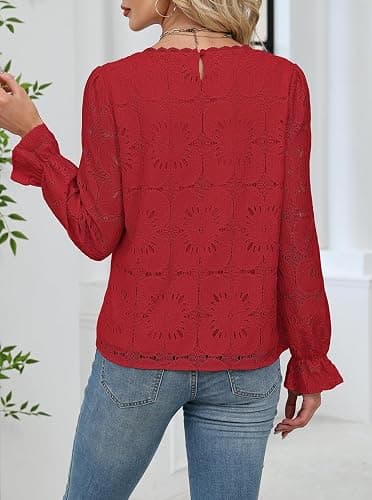 UNCOOYEE Blouses for Women Dressy Casual Eyelet Square Neck Long Sleeve Embroidered Lace Crochet Boho Tops Fall Fashion 2025 thumbnail 3