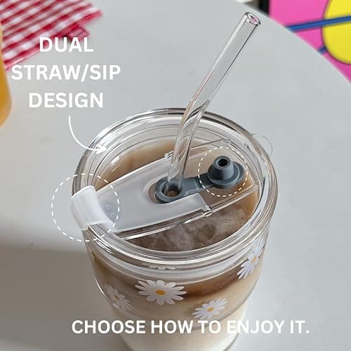 Olvini 13oz Glass Tumbler with Straw and Lid, Reusable Iced Coffee Cup Tumbler, Cute Glass Cups for Water, Matcha, Travel Coffee Mugs (Daisy) thumbnail 6