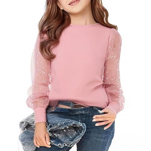 Girls Tulle Long Sleeve Shirt Summer Cute Sequins Slim Tops Blouse Teen Kids School Crew Neck Dress Tshirts Clothes thumbnail 2