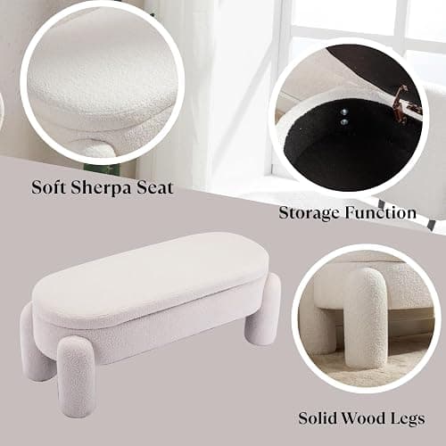 HEAH-YO Modern Storage Bench, 44.75 Inches Upholstered Sherpa Storage Ottoman Shoe Bench, End of Bed Bench for Bedroom Entryway Living Room,White thumbnail 3