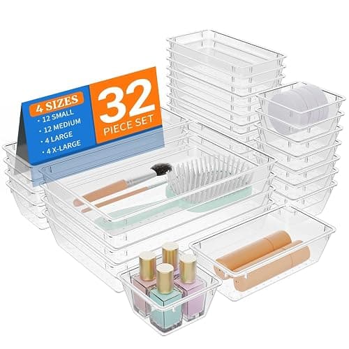 StorMiracle 32 PCS Clear Plastic Drawer Organizer Set, 4-Size vanity organizer Trays and Storage Bins for Makeup, Jewelry and Gadgets in Bedroom, Bathroom and Office, Clear - Image 1