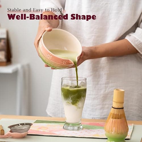 Matcha Tea Set, 8 Pcs Japanese Matcha Kit with Cherry Blossom and Wave Design Ceramic Bowl, Bamboo Whisk, Whisk Holder, Scoop, Sifter, Brush, Matcha Kit Set for Matcha Lovers (Pink-Green) thumbnail 2