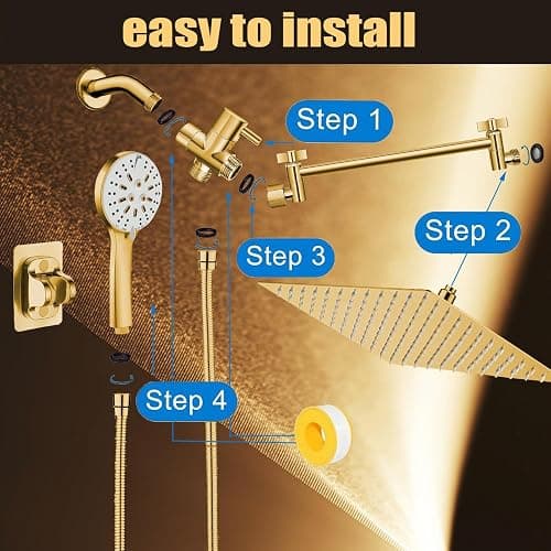 Shower Head, 10'' High Pressure Rain Shower Head with 6 Settings/Spray Handheld Shower Head Combo, 78'' Long Hose and 11'' Extension Arm, Water Temperature Reminder (Square Gold Shower Heads) thumbnail 6