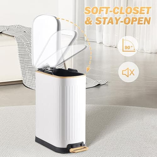 SYNCVIBE Slim Bathroom Trash Can with Soft Close Lid Stainless Steel Garbage Can Step Trash Bin with Removable Inner Bucket for Bedroom, Office, Kitchen (Matt White, 3.5 Gallons) thumbnail 5