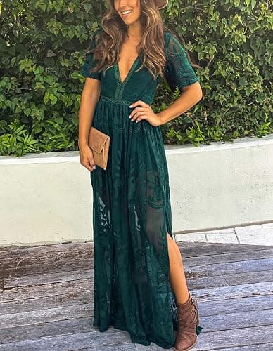 Eleter Women's Deep V-Neck Lace Romper Short Sleeve Long Dress thumbnail 3