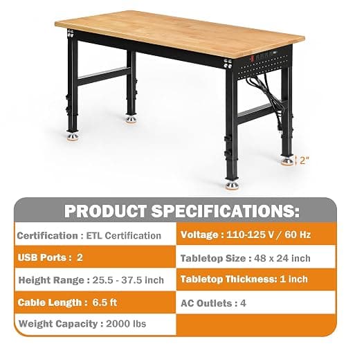 Betterhood Adjustable Height Workbench, 48" Rubber Wood Top Heavy Duty Workstation with Power Outlets, 2000 LBS Load Capacity Hardwood Worktable for Workshop, Garage, Office, Home, Commercial thumbnail 7