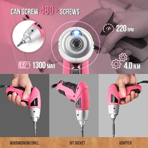 Hi-Spec Small Electric Screwdriver, Mini Drill Set, Rechargeable 3.6V Cordless Screwdriver with 26 Driver Bits, Power Tool for Small Projects & Home Use, Pink thumbnail 5
