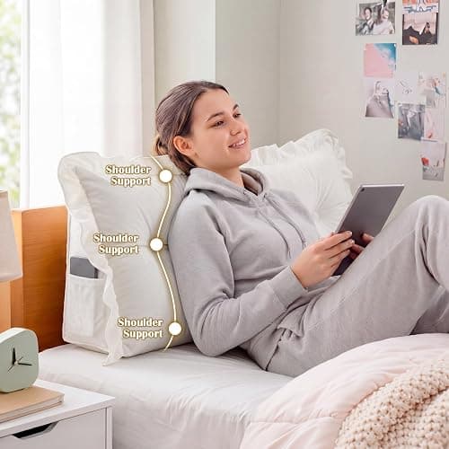 Leinuosen 39 in Ruffle Headboard Pillow for Dorm Twin XL College Bed Reading Bolster Dorm Velvet Triangular Bed Backrest Pillow Cushion for College Reading Support(White) thumbnail 4