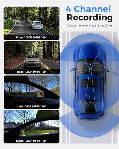 360 View 4 Channel Dash Cam Front and Rear Left Right Inside Camera for Cars, GPS and 5G Band WiFi, Night Vision, 160 Wide Angle, WDR, 24H Parking Mode, Supercapacitor, Included 128GB Card thumbnail 2