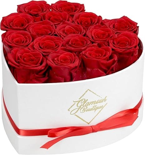 GLAMOUR BOUTIQUE Preserved Roses in a Box - Gifts for Her, Wife & Mom, Rose Flowers Forever Decor for Birthday Gift, Get Well Flower Bouquet Cased in White Box with Cover - Red - 16 (Color-Treated) - Image 1