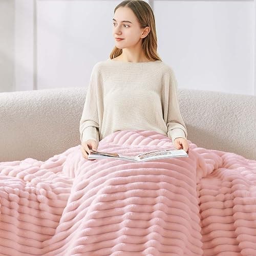 BEDELITE Throw Blanket for Couch - 300GSM Soft & Warm Fluffy Pink Blanket, Decorative and Giftable Striped Blankets for Women, Men, 50"x70" thumbnail 3