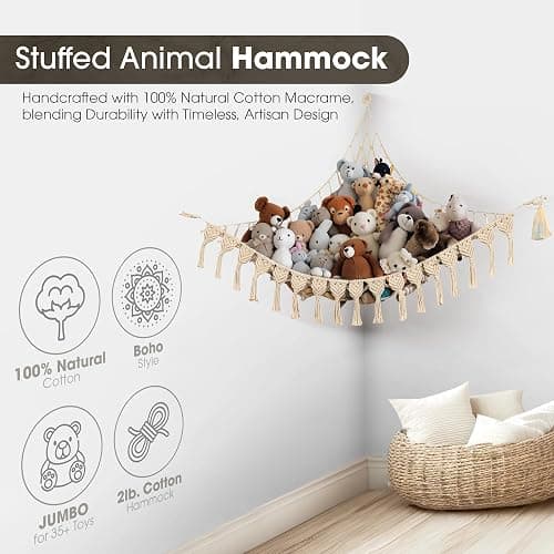 Abby Baby Extra Large Stuffed Animal Hammock with LED Lights 100% Natural Cotton Macrame Toy Storage Net for Plushies & Squishmallows Boho Macrame Corner Organizer for Kids’ Room or Nursery (Beige) thumbnail 5