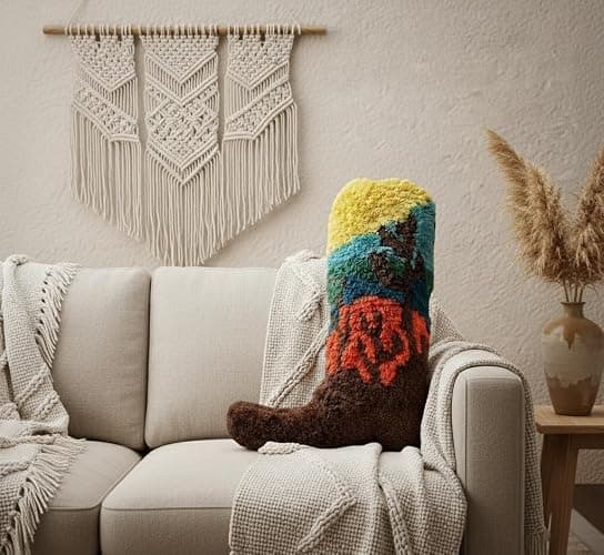 Cowboy Boot Pillow for Western & Farmhouse Decor – 3D Embroidered Velvet Cowboy Throw Pillow with Resilient Fill for Boho & Preppy Room Decor –14x10 Decorative Western Throw Pillows with Cactus Design thumbnail 7