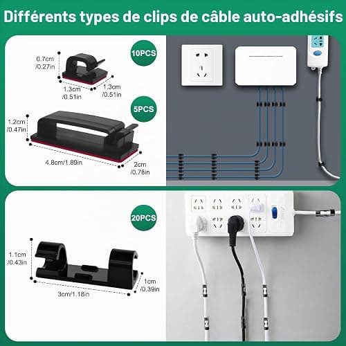 Samulee 157 Cable Management avec 5 Supports de Câble en Silicone, 15 Clips de Cable Autocollants, 100 Serre-câble, 20 Serre-câbles Autocollants, 17 Serre-câbles Auto-agrippants thumbnail 3