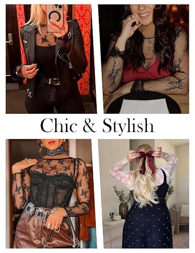 YLIRJ Women's Lace Long Sleeve Tops Mesh Sheer Blouse See Through Floral Concert Outfits Party Lace Undershirt thumbnail 3