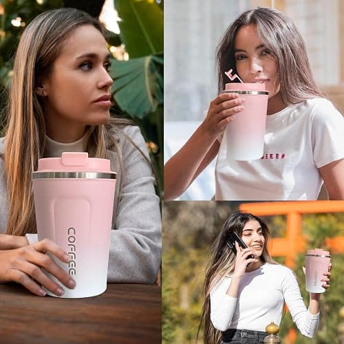 SPLMIFA Travel coffee mugs leak-proof, reusable coffee cups with lids, stainless steel vacuum thermos coffee tumblers,thermal insulation cups for men and women hot & cold drinks(2nd-Pink White, 12OZ) thumbnail 6