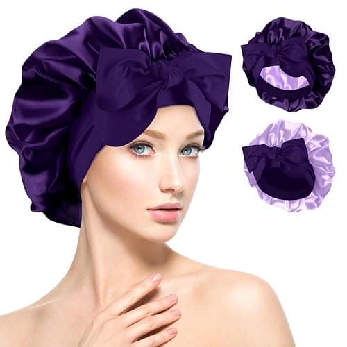 Reversible Satin Bonnet for Sleeping Women, Double Layer Soft Ajustable Elasticity Band Satin Bonnet for Sleeping Hair Silk Sleep Cap Reduce Frizz (Purple+Purple) - Image 1