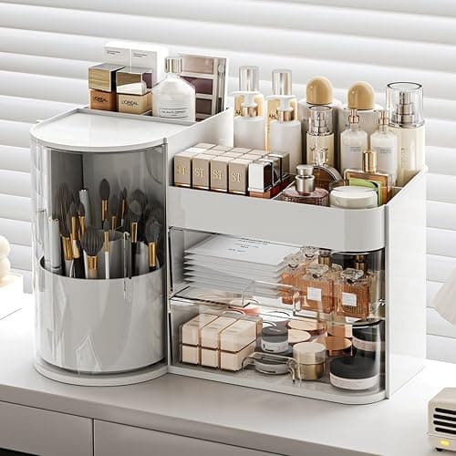 Makeup Organizer with Rotating Brush Holder Cosmetic Organizer with Drawers Countertop Skincare Organizer for Vanity,Cosmetic Display Case Storage (White, Large) - Image 1