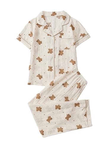 Verdusa Women's 2 Piece Pajama Sets Cute Printed Fall Pajamas Sleepwear Button Up Shirt with Pants Lounge Pjs - Image 1