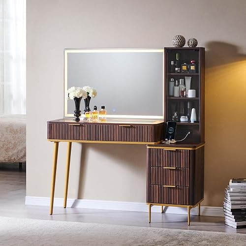 T4TREAM Fluted Makeup Vanity Desk with 36" HD Lighted Mirror, 48" Big Modern Vanity Desk with Mirror and Lights, Dressing Table with 5 Drawers & Shelves, Glass Top for Bedroom, Dark Walnut thumbnail 8