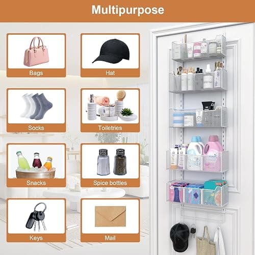 VyGrow Over The Door Organizer, Metal Door Organizer Hanging with 5 Adjustable Baskets and Coat Hook, Behind The Door Storage for Bedroom Closet Bathroom Pantry Cabinet Kitchen, White thumbnail 8