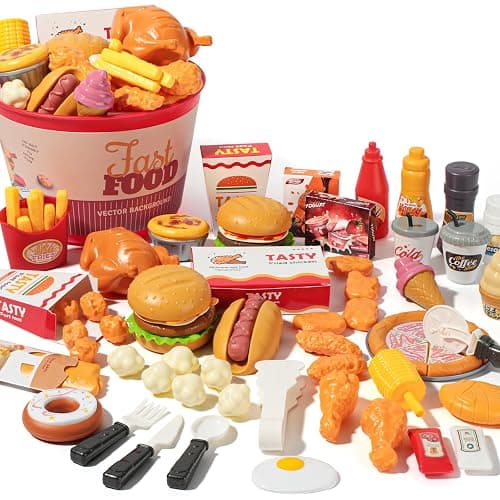 Hydeem 80 Pcs Pretend Play Food Toy for Kids Kitchen Aged 3 4 5, Fast Food Set with Storage Bucket, Pizza, Burger, Ice Cream, Hot Dog, Educational Birthday Toy Gift for Boys Girls - Image 1