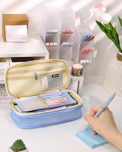 SKYDUE Cute School Supplies 44 PCS, Aesthetic Pencil Case with 12 Pastel Highlighters, 5 Black Gel Pens, 6 Color Gel Pens & Mechanical Pencils, College Essentials Students Stationary Set Blue thumbnail 2