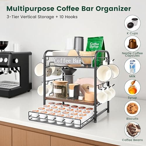 Coffee Bar Organizer, Station Mug Holder for Countertop, Multi-Functional 3 Tier Coffee Cup Tree Rack for Kitchen, Storage Shelf with 10 Hooks, K Cup Pod Drawer for Home Office thumbnail 5