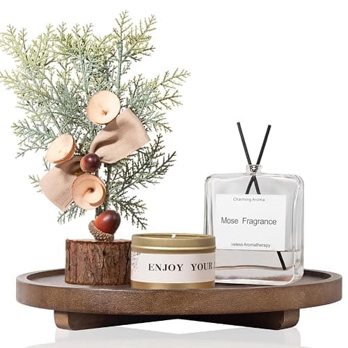Round Decorative Tray Wood Bathroom Counter Organizer Farmhouse Kitchen Decor Wooden Riser for Soap Dish, Perfume, Candle, Sponge, 11" - Walnut - Image 1