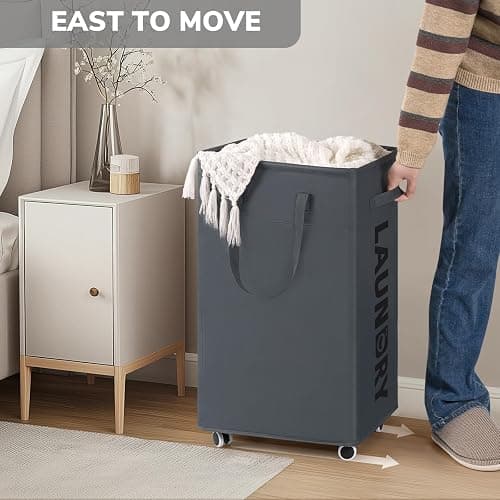 Goodpick 75L Laundry Basket with Wheels & Removable Wash Bag, Large Rolling Laundry Hamper for Clothes, Dorm Room Essentials, Grey thumbnail 6