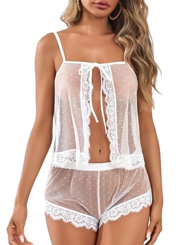 Kolagri Sexy Women Lace Pajamas Lingerie Set High Waist Sheer Sleepwear Bow Ties Cami Shorts Set - Image 1