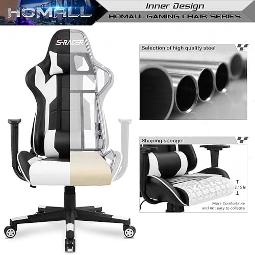 Homall Gaming Chair, Office Chair High Back Computer Chair Leather Desk Chair Racing Executive Ergonomic Adjustable Swivel Task Chair with Headrest and Lumbar Support (White) thumbnail 6
