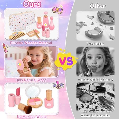 Kids Wooden Makeup Sets Toys for Girls, 3 4 5 6 Year Old Birthday Presents | Wooden Make Up Kit Toys for Kids, Gifts for 3-4-5 Year old Girls - 21Pc Pretend Fake Beauty Role Play with Cosmetic Bag thumbnail 5